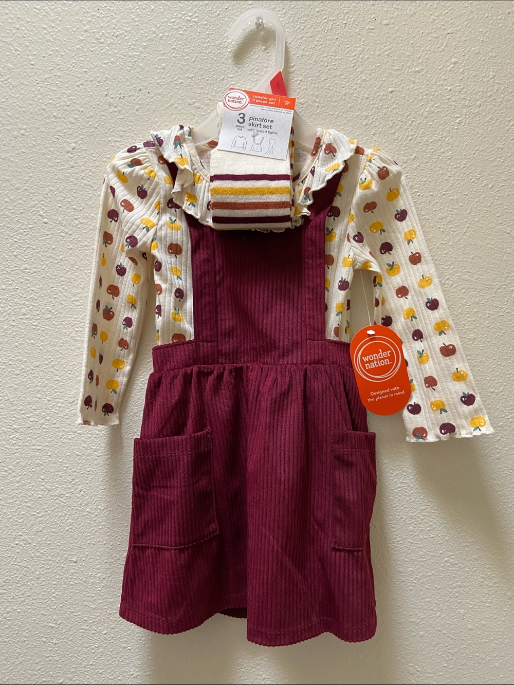 Wonder Nation Burgundy Corduroy Pinafore with Apple Print Top and Striped Tights